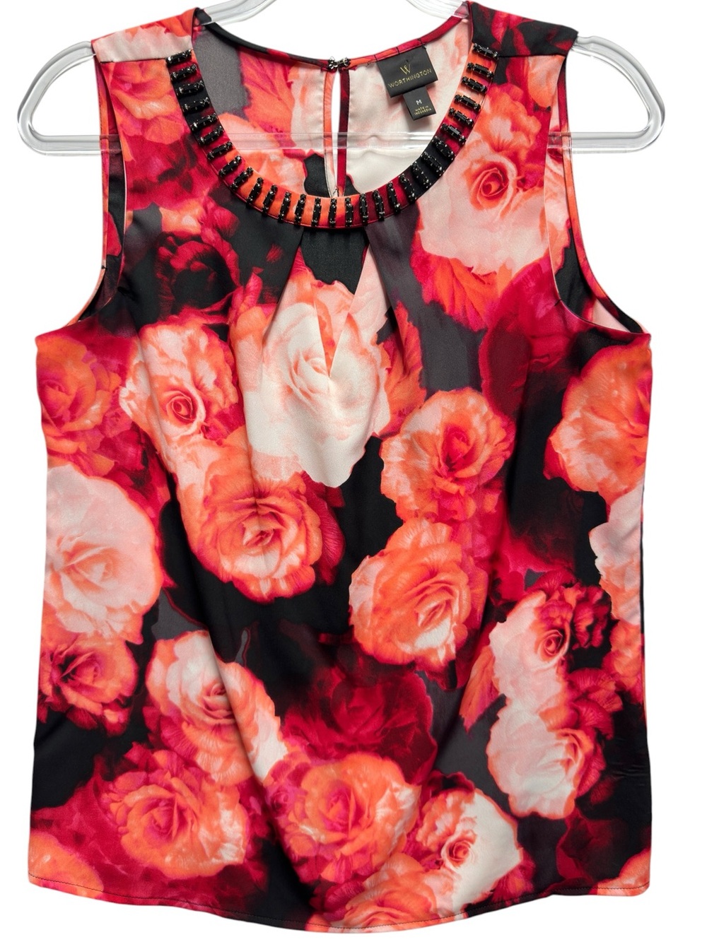 Tuxedo Satin Silky Knit Floral Abstract Beaded Pleated Tank Top Blouse